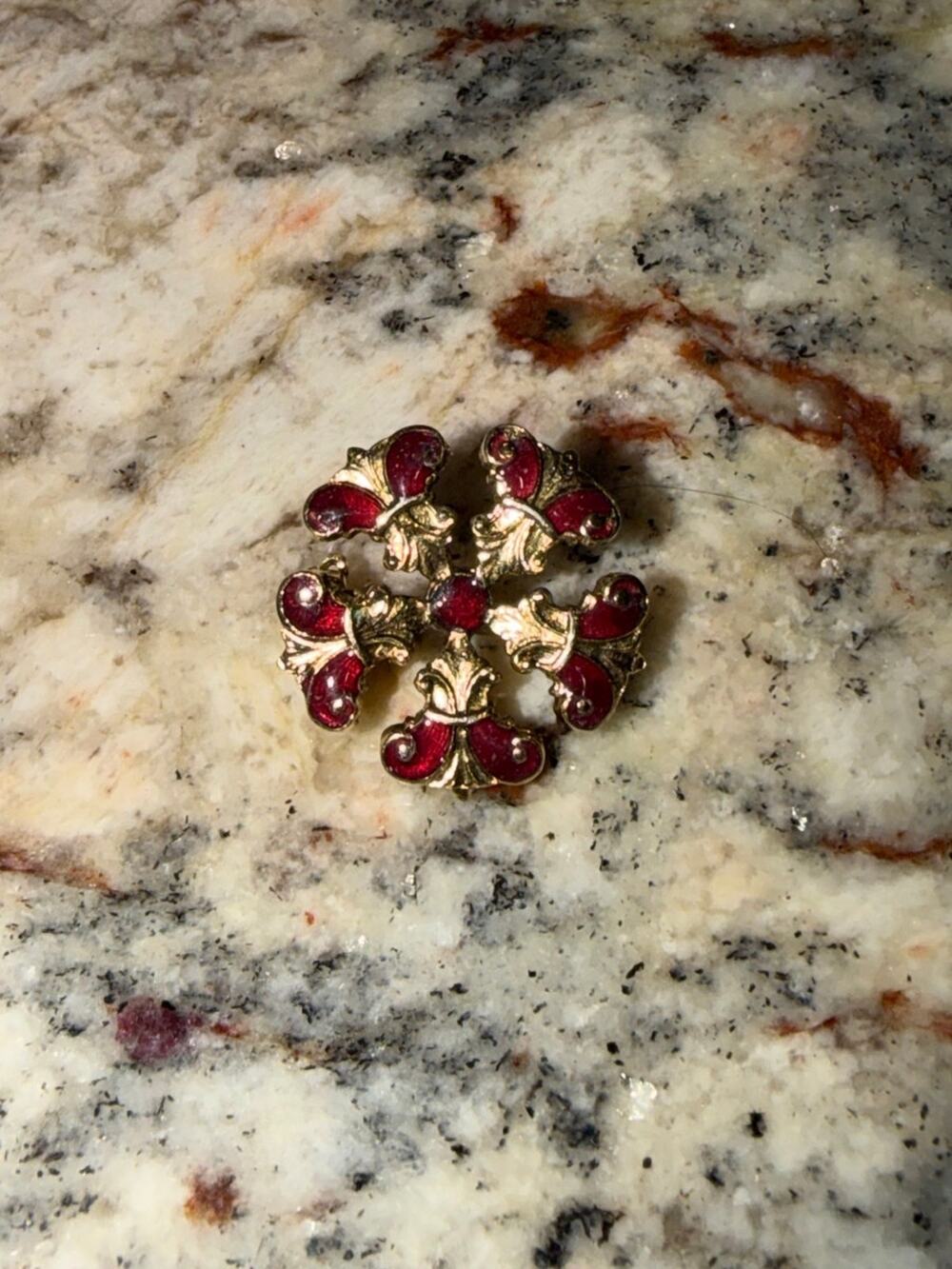 Vintage Red Enamel Fleur-de-lis Cross Brooch